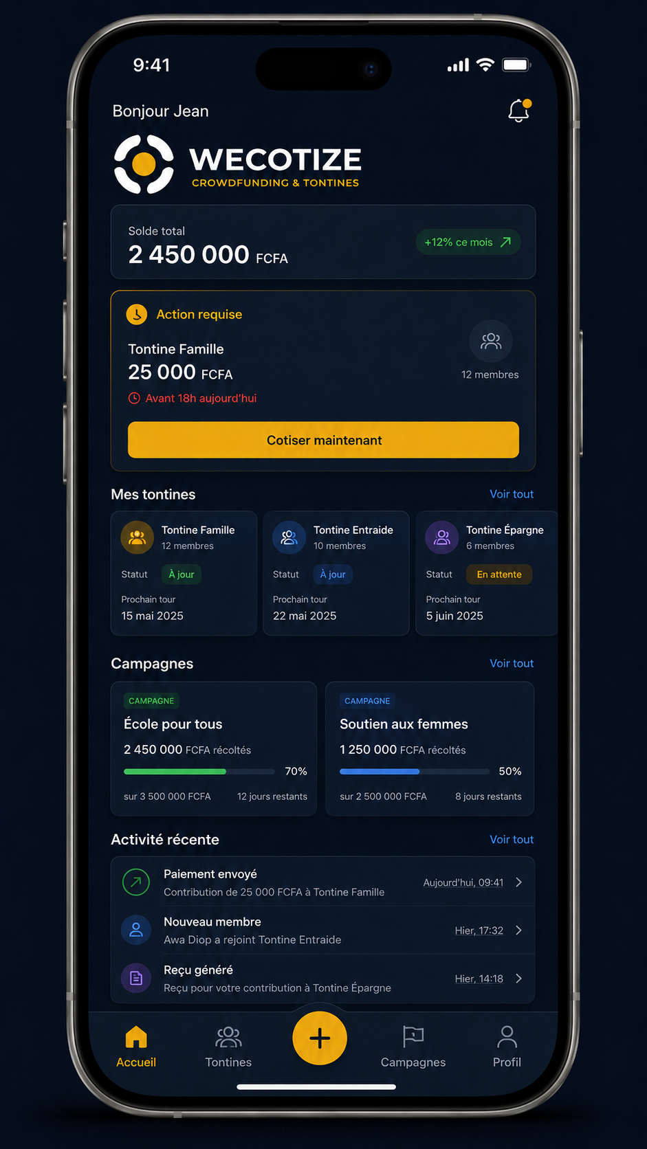 Dashboard mobile WECOTIZE avec tontines, campagnes et activite